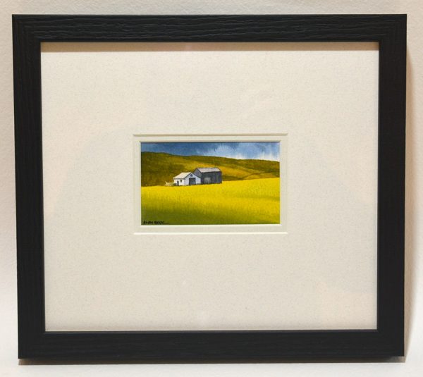 Barns in the buttercups. Framed watercolour sketch